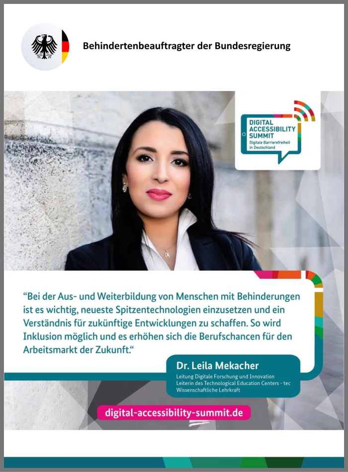 Zitatkarte des Digital Accessibility Summit mit Dr. Leila Mekacher, Leitung Digitale Forschung und Innovation: Neueste Spitzentechnologien in der Aus- und Weiterbildung von Menschen mit Behinderungen erhöhen die Berufschancen.